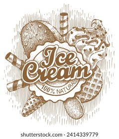 Ice cream emblem. Different types of ice cream drawn by hand
