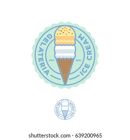 Ice Cream emblem. Gelateria logo. Italian cafe sign. Ice cream with letters on a blue badge.