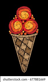 Ice cream embroidery stitches imitation. Fashion embroidery ice cream on black background. Embroidery food vector.