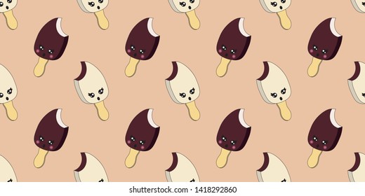 Ice cream emoji seamless pattern, cartoon style.  Hand draw cute food objects. Emoticon kawaii character. Wallpaper with facial food icon. Colorful vector backdrop - Vector