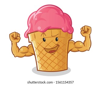ice cream emoticon cute chibi strong muscle face cartoon mascot vector illustration