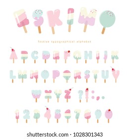 Ice cream eskimo font. Popsicle colorful letters and numbers for summer design. Pastel pink and blue colors. Isolated on white.