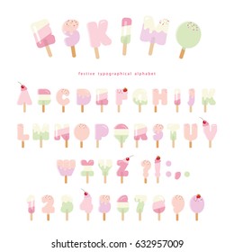 Ice cream eskimo font. Popsicle colorful letters and numbers can be used for summer design. Isolated on white.