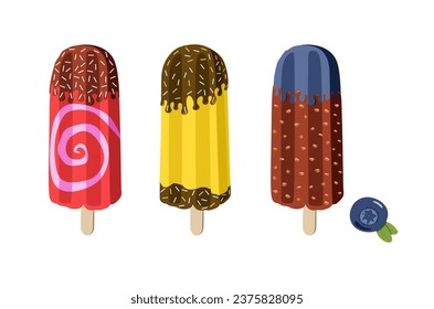 Ice cream eskimo set vector illustration. Blueberry dessert. Colorful collection isolated on white background.