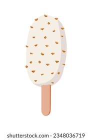 Ice cream Eskimo vector illustration. Nuts covered with white chocolate with wooden stick isolated on white background.