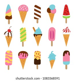 Ice cream, eskimo, waffle cone. Set of elements in doodle and cartoon style. Colorful. Vector. EPS 8