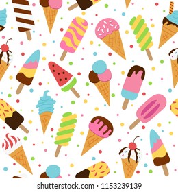 Ice cream, eskimo, waffle cone. Cute seamless pattern in doodle and cartoon style. Colorful. Vector. Design for booklet, menu, advertising, shop, cafe