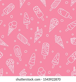 Ice cream, eskimo, waffle cone. Seamless pattern in doodle and cartoon style on pink background. Vector illustration