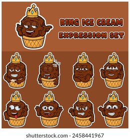 Conjunto de expresiones de helado. Personaje de dibujos animados de mascota para sabor, cepa, etiqueta y producto de embalaje. Ilustración vectorial