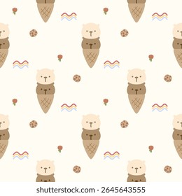 Caricatura de urso de rosto de sorvete tão bonito. No fundo do arco-íris de flor de biscoito. Ilustração de vetor uniforme de padrão. 