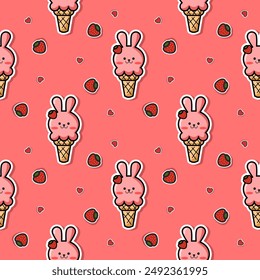 Ice cream face rabbit cartoon so cute. On strawberry heart pink background. Pattern seamless vector illustration. 
