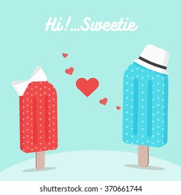 Ice cream falling in love on valentine's day. Concept design for card and background.