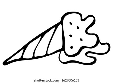 Ice cream falling on the floor, which spread over the surface. An ice cream cone that spreads from the heat. Delicious treat for children in a linear style. Vector stock image on a white background.