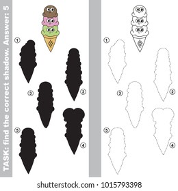 Ice cream fast food smiley to find the correct shadow, the matching educational kid game to compare and connect objects and their true shadows, simple gaming level for preschool kids.