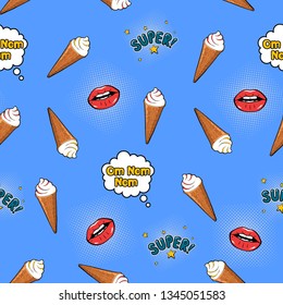 Ice Cream and female lips with different emotions and text Super, Om nom nom. Vector colorful funny comic seamless pattern in pop art retro style