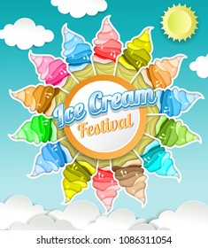Ice cream festival concept. Vector illustration of delicious ice cream cones in paper art style. Summer wallpaper, background, poster, banner, flyer, invitation card design template.