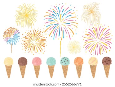 Ice cream and fireworks hand drawn illustration set