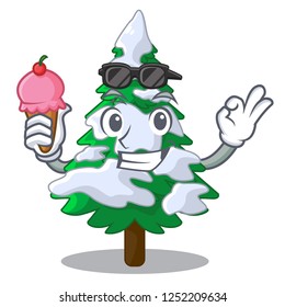 With ice cream firs with snow on character tree