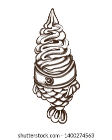 Ice cream in a fish shape cup Vector line art. Delicious summer sweets illustration