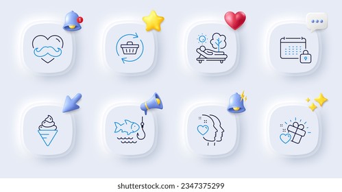 Icono de la línea de regalo helados, pescadería y amor. Botones con timbre 3d, discurso de chat, cursor. Paquete de Corazón, Carro de Refrescamiento, icono Día Padre. Lounger, pictograma del calendario. Para aplicación web, imprimir. Vector