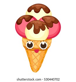 Ice Cream in flat cartoon style. Vector illustration eps 10. Background of strawberry and vanilla Ice Cream dessert emoticon characters fun face.