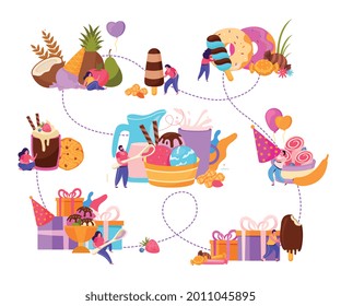 Composición plana de helado con coloridos postres deliciosos bebidas y personajes humanos ilustración vectorial