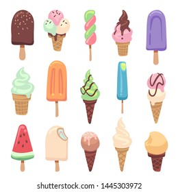 Ice cream flat. Cute kids frozen creamy desserts and sundae. Waffles cones vanilla, ice lolly scoops cake. Colorful cartoon vector creamed chocolate and milk brown yellow green and red popsicle set