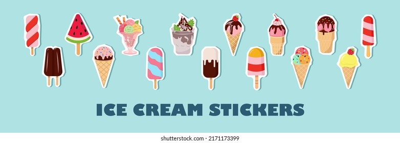 Ice cream flat cute vector stickers set. Chocolate and vanilla icecream in waffle cone. Summer fun. Set