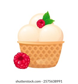 Ice cream in flat design. Balls frozen dessert with raspberry in wafer cone. Vector illustration isolated.