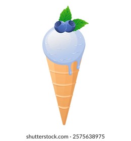 Ice cream in flat design. Blueberry frozen dessert ball in wafer cone. Vector illustration isolated.