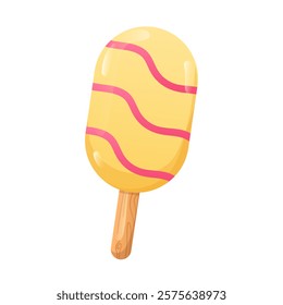 Ice cream in flat design. Cold dessert with white chocolate icing on stick. Vector illustration isolated.