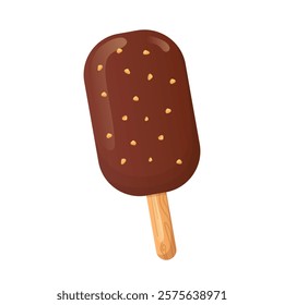 Ice cream in flat design. Frozen dessert with chocolate icing on stick. Vector illustration isolated.