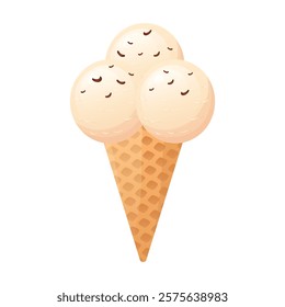 Ice cream in flat design. Frozen balls with chocolate chips in wafer cone. Vector illustration isolated.