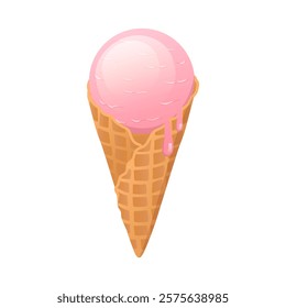 Ice cream in flat design. Fruit frozen milk dessert ball in wafer cone. Vector illustration isolated.