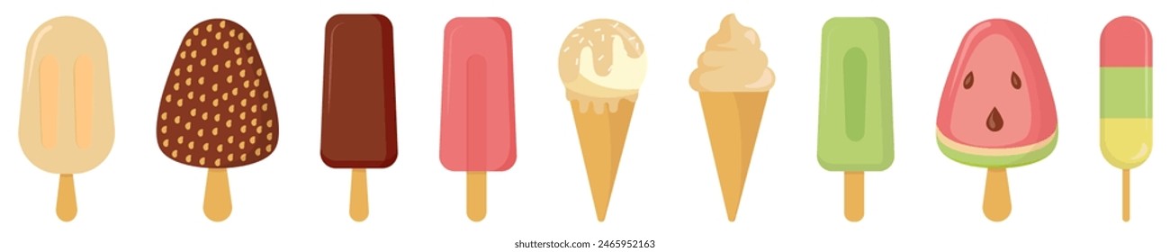 Ice cream flat design illustration set.Ice cream icon collection. Vector
