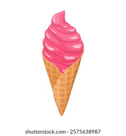 Ice cream in flat design. Pink fruit frozen milk dessert in wafer cone. Vector illustration isolated.