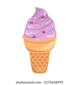 Ice cream in flat design. Purple berry frozen dessert in waffle cone cup. Vector illustration isolated.