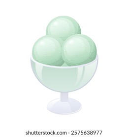 Ice cream in flat design. Soft mint frozen dessert balls in glass bowl. Vector illustration isolated.