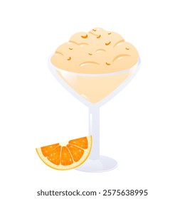 Ice cream in flat design. Vanilla frozen dessert with orange in glass bowl. Vector illustration isolated.