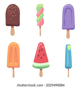 Ice Cream Flat. Frozen Creamy Summer Desserts, Fruit Ice And Sundae. Sweet Chocolate, Gelatos And Fresh Popsicles, Bright Summertime Food. Icons For Bar, Cafe Menu. Vector Isolated Set