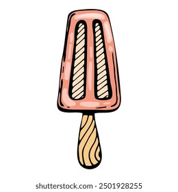 ice cream flat. Fruit popsicle on a stick. Sweets summer food. Hand drawn line art.