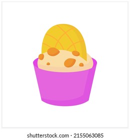 Ice cream flat icon. Delicious dessert. Tasty frozen ice with chocolate decoration and choco chips in plastic bowl. Summer sweets. Color vector illustration