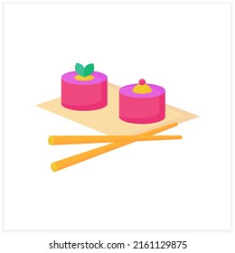 Ice cream flat icon. Delicious dessert. Tasty frozen ice in traditional Japanese form. Chopsticks for eating.Summer sweets. Color vector illustration