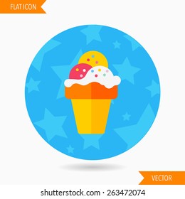 ice cream flat icon with long shadow on blue circle background , vector illustration , eps10