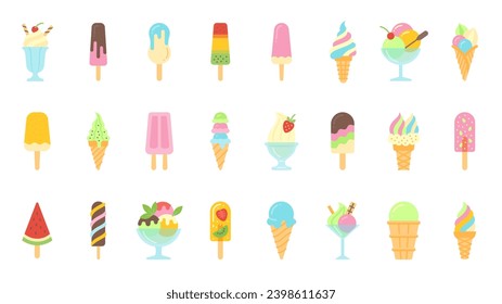 Iconos planos de helado. Kit de caricaturas para signos de helado en la web. Los conos de Waffle dan color al icono. Verano dulce de fruta fría de postre soleado. Popsicle con varios sabores de chocolate colorido