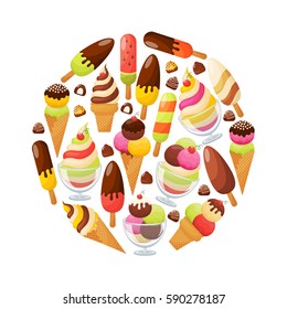 Ice cream flat icons set. Ice cream, candies and assorted chocolates in shape of circle. Ice cream icons set in modern flat style. Vector illustration