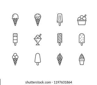 Ice cream flat line icons set. Waffle cone, ice lolly, frozen juice, popsicle, sorbet in bowl vector illustrations. Thin signs for dessert menu. Pixel perfect 64x64. Editable Strokes.