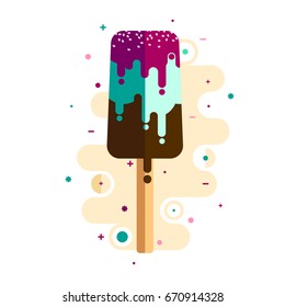 Ice cream in flat style. Ice cream covered with chocolate, raspberry jam and mint caramel. Vector illustration.