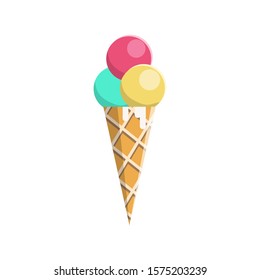 Ice cream in flat style. Illustration with classical ice cream in a wafer cone icon on white background for motion design, UI, computer game, animation and clothing design. View 3/4.