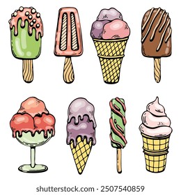 Ice cream flat. Sweets set. Summer food. Hand drawn line art.